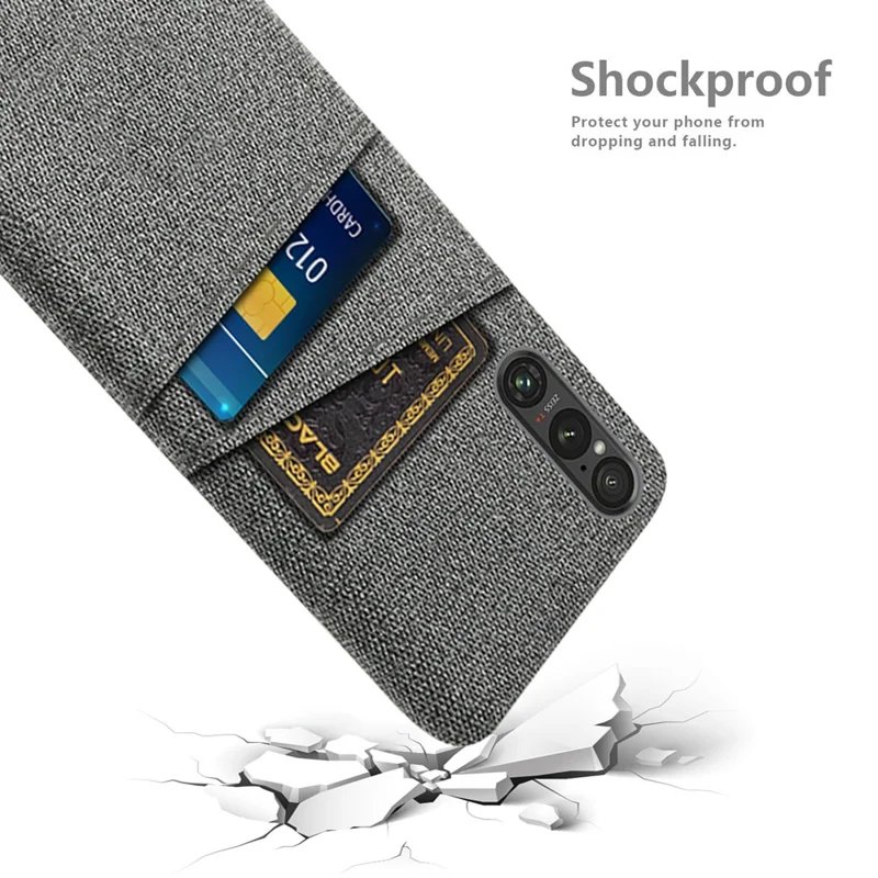 Dual Card Holder Phone Case for Sony Xperia 1 V , Hard PC + Cloth Phone Back Cover - Grey