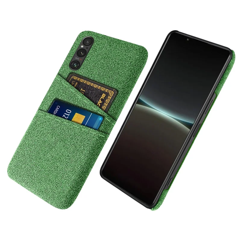 Dual Card Holder Phone Case for Sony Xperia 1 V , Hard PC + Cloth Phone Back Cover - Green