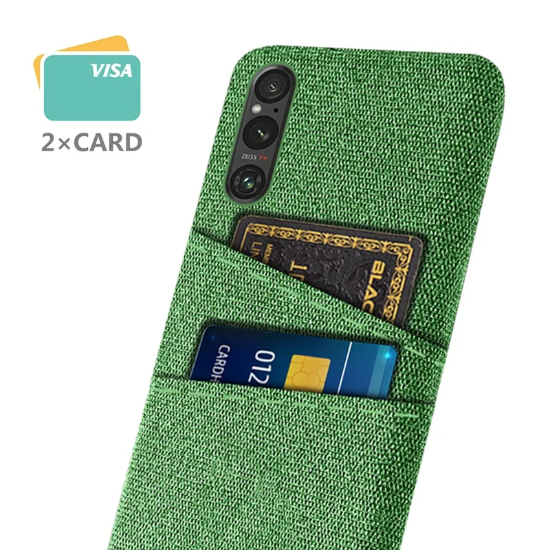 Dual Card Holder Phone Case for Sony Xperia 1 V , Hard PC + Cloth Phone Back Cover - Green