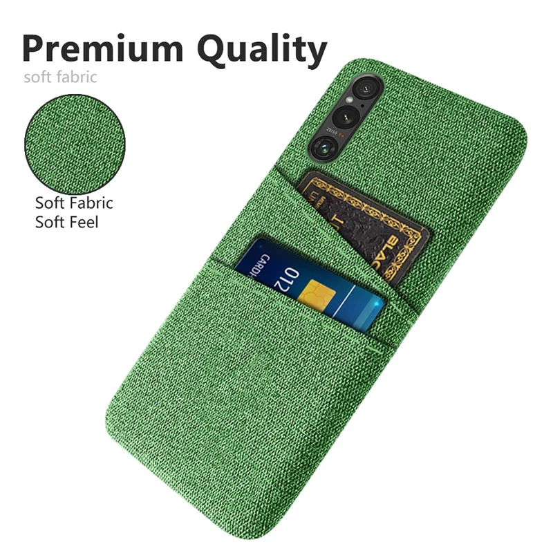 Dual Card Holder Phone Case for Sony Xperia 1 V , Hard PC + Cloth Phone Back Cover - Green