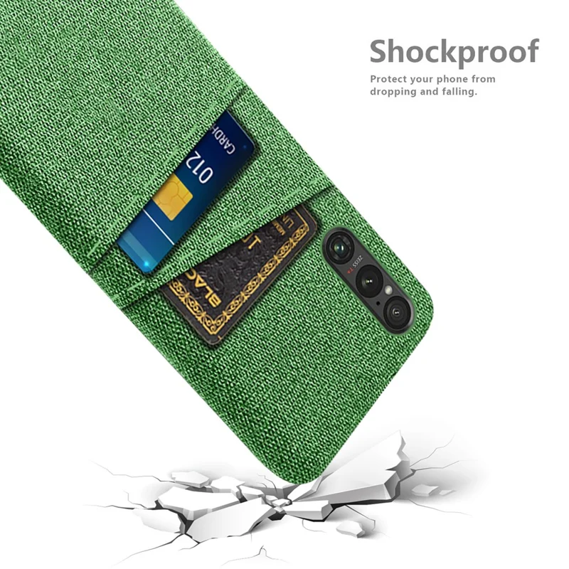 Dual Card Holder Phone Case for Sony Xperia 1 V , Hard PC + Cloth Phone Back Cover - Green