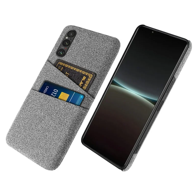 Dual Card Holder Phone Case for Sony Xperia 1 V , Hard PC + Cloth Phone Back Cover - Light Grey