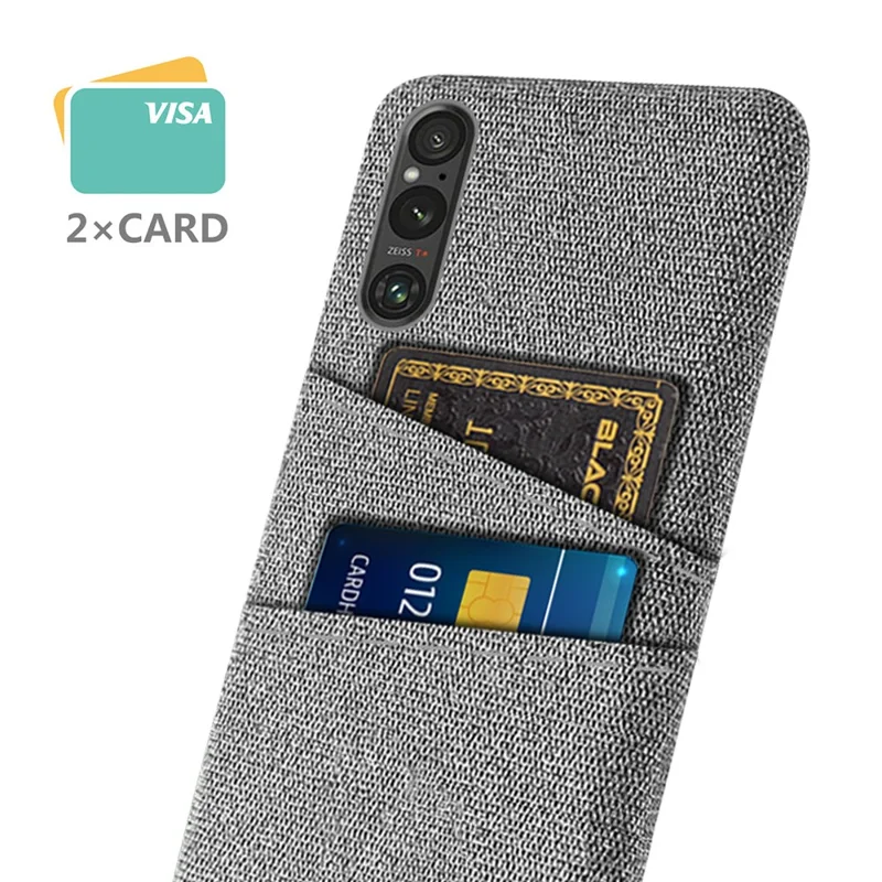 Dual Card Holder Phone Case for Sony Xperia 1 V , Hard PC + Cloth Phone Back Cover - Light Grey