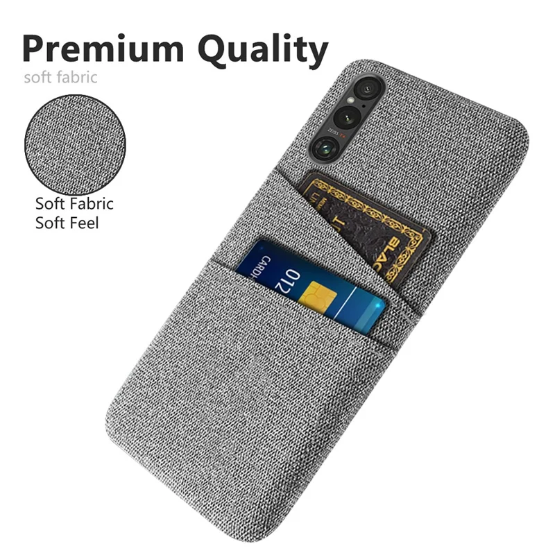 Dual Card Holder Phone Case for Sony Xperia 1 V , Hard PC + Cloth Phone Back Cover - Light Grey