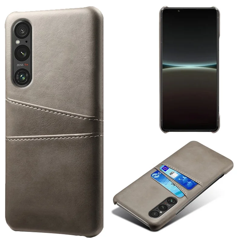 Dual Card Slots Phone Case for Sony Xperia 1 V , Anti-scratch PU Leather Coated PC Cover - Grey