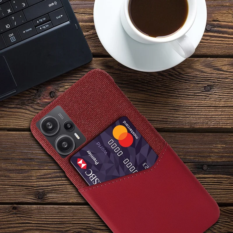 Card Holder Case for Xiaomi Redmi Note 12 Turbo / Poco F5 5G , Cloth Texture Leather Coated PC Phone Cover - Red