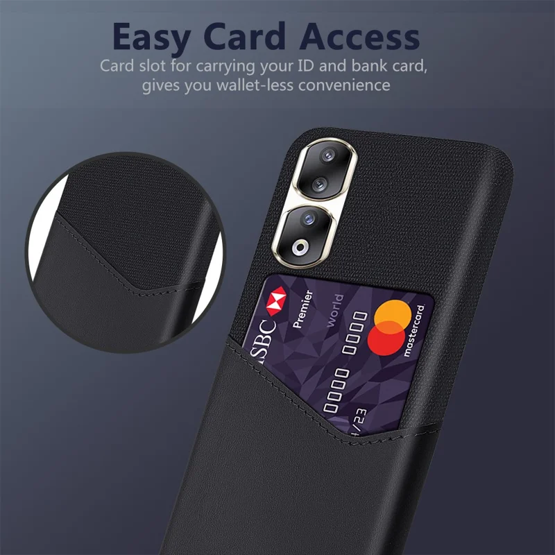 For Honor 90 Pro Card Holder PU Leather Coated PC Case Cloth Texture Protective Phone Cover - Black