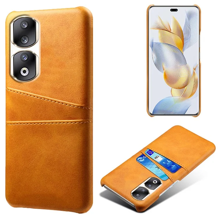 For Honor 90 Pro Dual Card Slots PU Leather Coated PC Case Anti-scratch Phone Cover - Laranja
