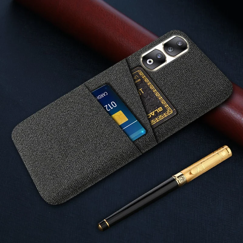 Cloth Texture Phone Cover for Honor 90 Pro , Hard PC + Cloth Protective Case with Dual Card Slots - Black