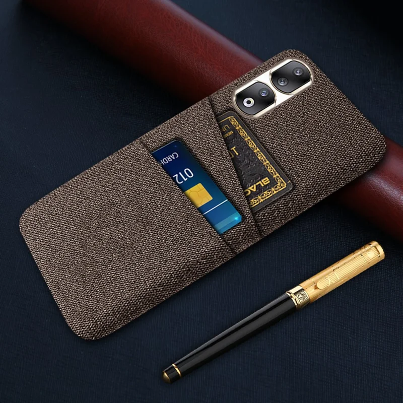Cloth Texture Phone Cover for Honor 90 Pro , Hard PC + Cloth Protective Case with Dual Card Slots - Brown
