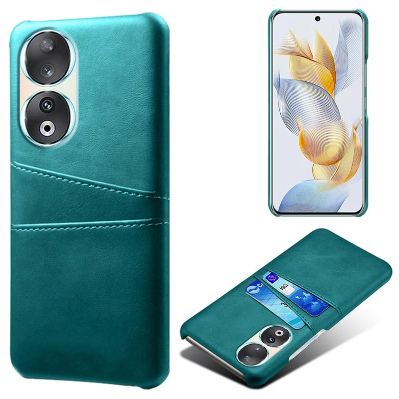 Phone Case with Dual Card Slots for Honor 90 , PU Leather Coated PC Smartphone Cover - Green