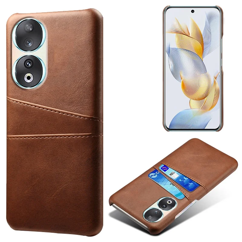 Phone Case with Dual Card Slots for Honor 90 , PU Leather Coated PC Smartphone Cover - Brown