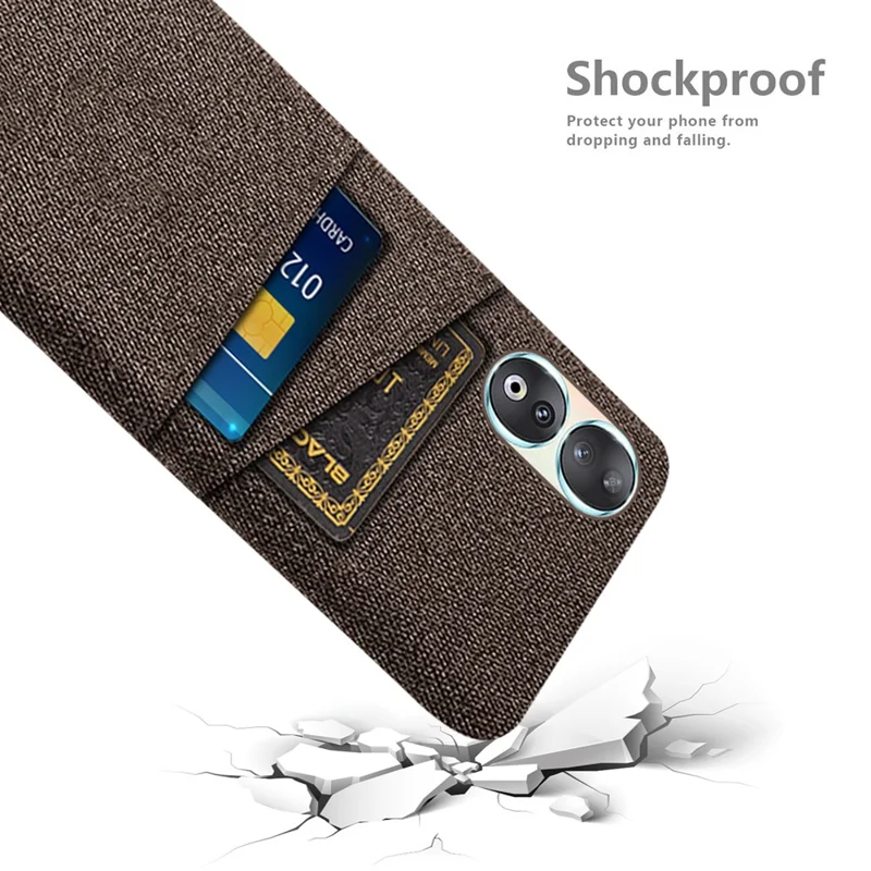 Dual Card Holder Phone Case for Honor 90 , Hard PC + Cloth Anti-scratch Phone Cover - Brown