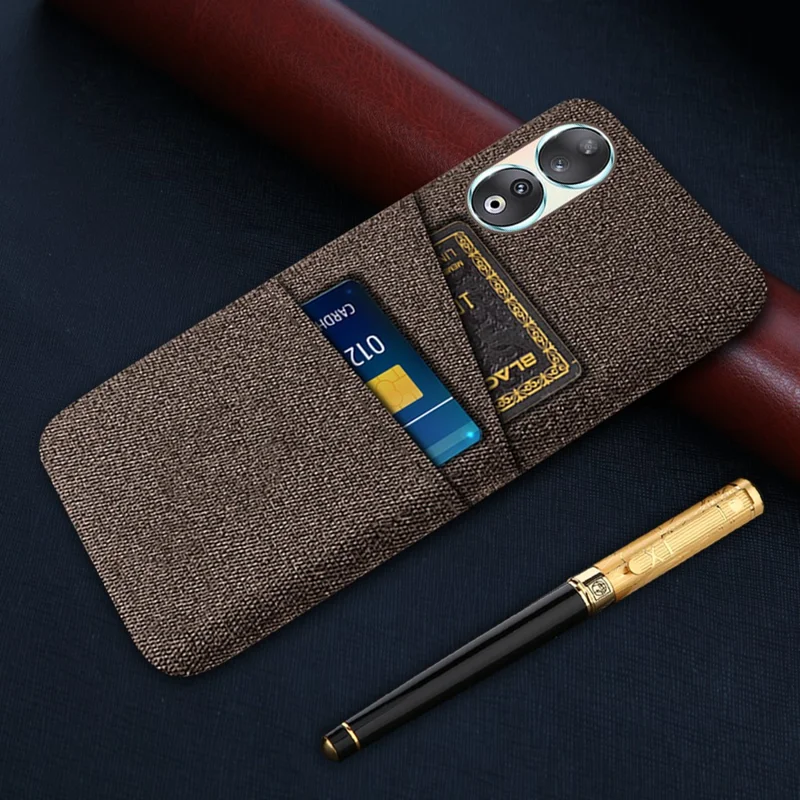 Dual Card Holder Phone Case for Honor 90 , Hard PC + Cloth Anti-scratch Phone Cover - Brown