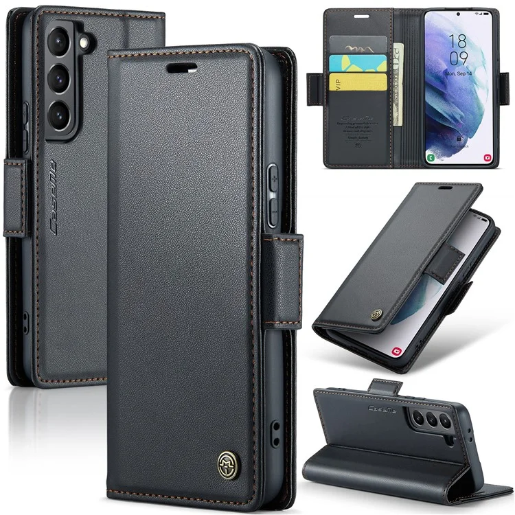 For Samsung Galaxy S21+ 5G Leather Case CASEME 023 RFID Blocking 3 Card Slot Mobile Cover - Black