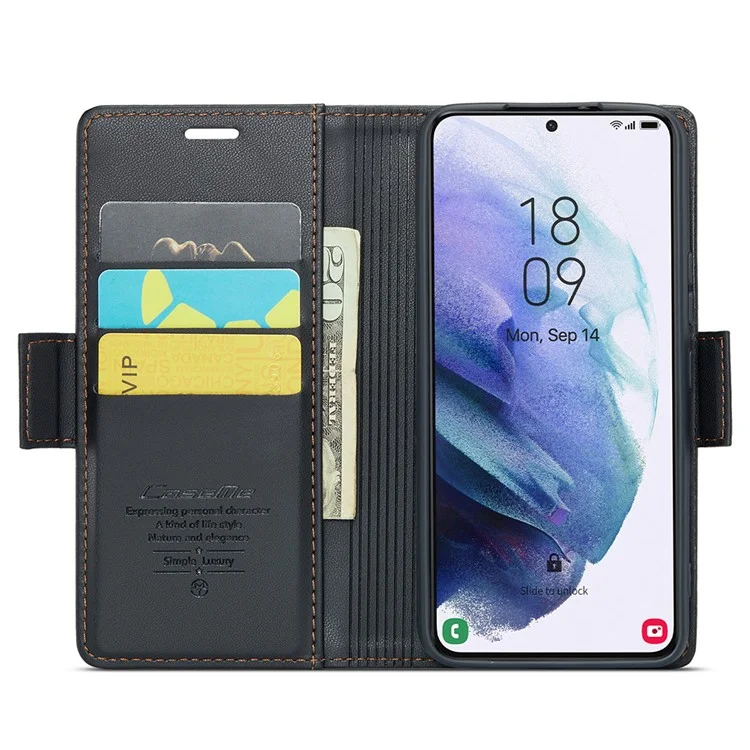 For Samsung Galaxy S21+ 5G Leather Case CASEME 023 RFID Blocking 3 Card Slot Mobile Cover - Black