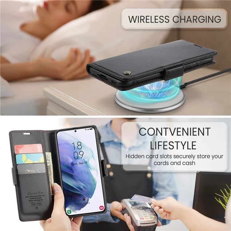 For Samsung Galaxy S21+ 5G Leather Case CASEME 023 RFID Blocking 3 Card Slot Mobile Cover - Black