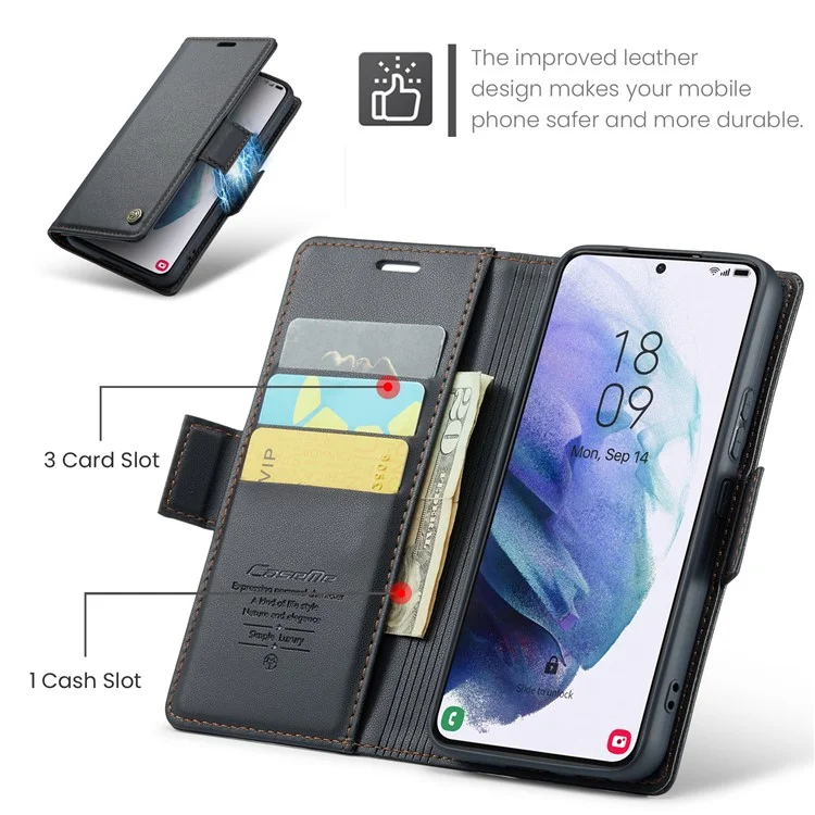 For Samsung Galaxy S21+ 5G Leather Case CASEME 023 RFID Blocking 3 Card Slot Mobile Cover - Black