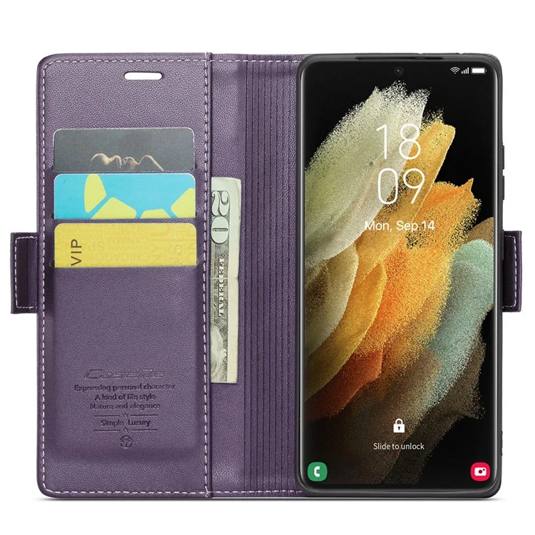 For Samsung Galaxy S21 Ultra 5G Leather Case CASEME 023 RFID Blocking 3 Card Slot Mobile Cover - Purple