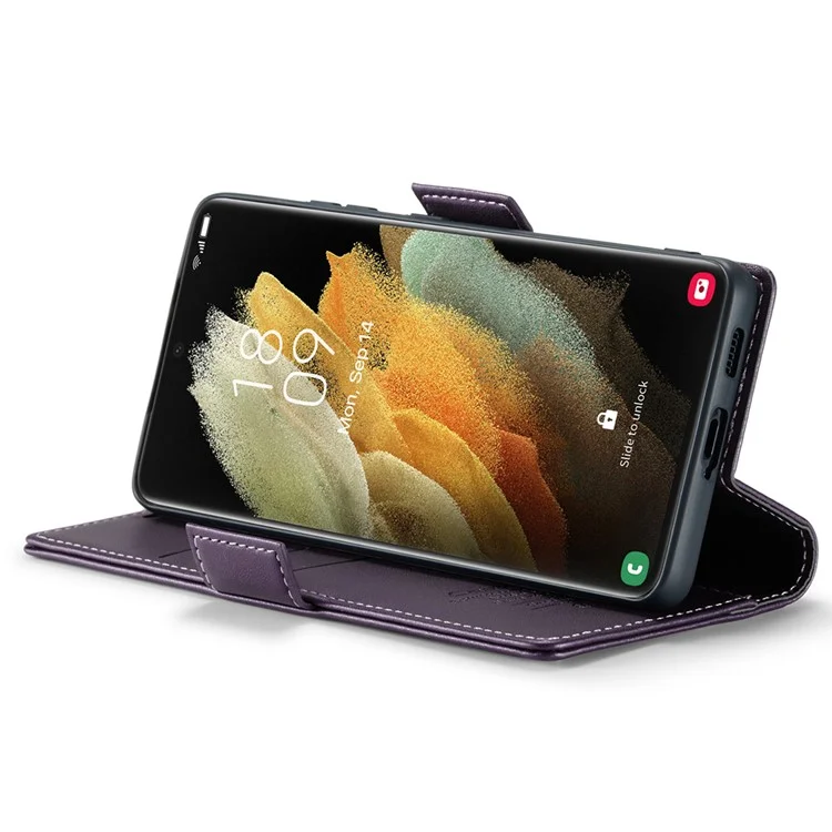 For Samsung Galaxy S21 Ultra 5G Leather Case CASEME 023 RFID Blocking 3 Card Slot Mobile Cover - Purple