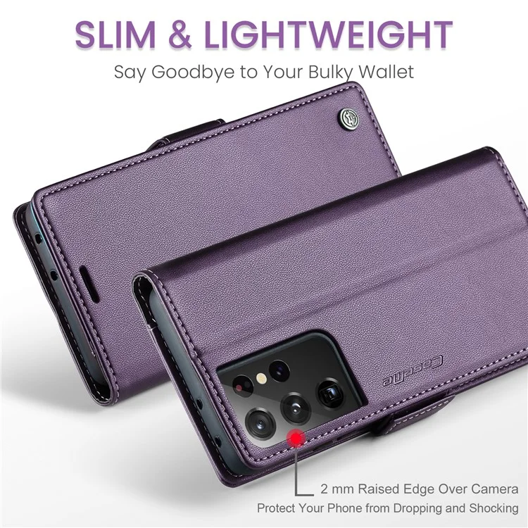 For Samsung Galaxy S21 Ultra 5G Leather Case CASEME 023 RFID Blocking 3 Card Slot Mobile Cover - Purple