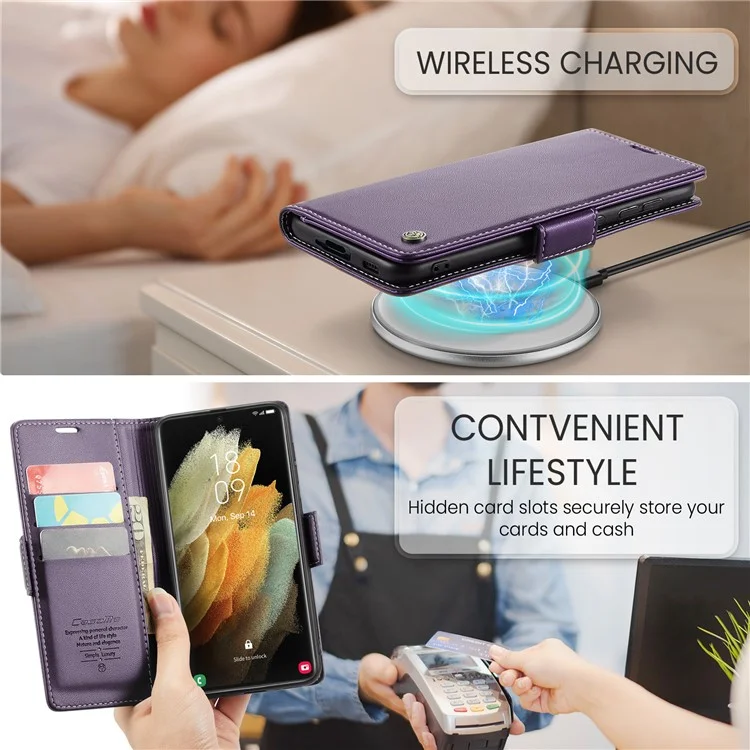 For Samsung Galaxy S21 Ultra 5G Leather Case CASEME 023 RFID Blocking 3 Card Slot Mobile Cover - Purple