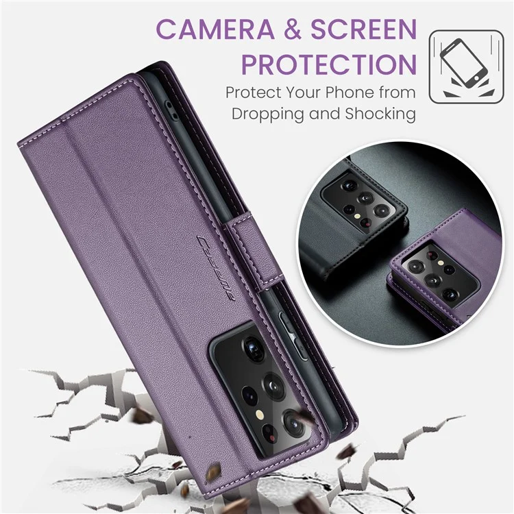 For Samsung Galaxy S21 Ultra 5G Leather Case CASEME 023 RFID Blocking 3 Card Slot Mobile Cover - Purple