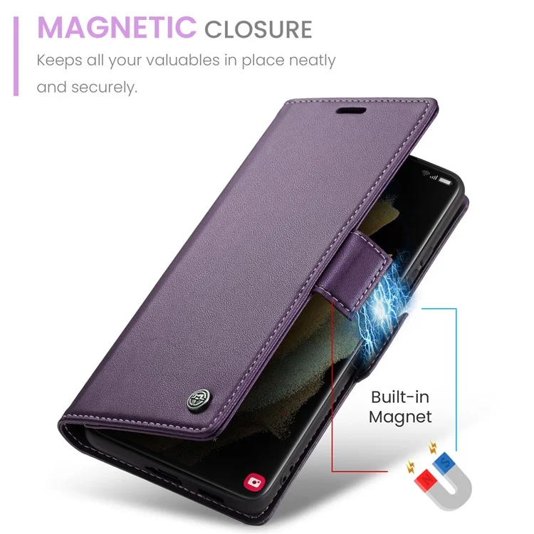 For Samsung Galaxy S21 Ultra 5G Leather Case CASEME 023 RFID Blocking 3 Card Slot Mobile Cover - Purple