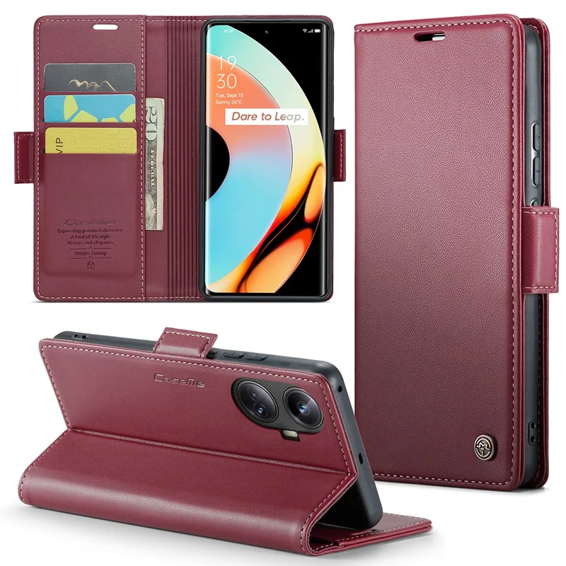 CASEME 023 Series для Realme 10 Pro+ 5G Кожаный телефонный чехол-книжка с текстурой личи RFID-блокировка Чехол-кошелек со стандом - Красный