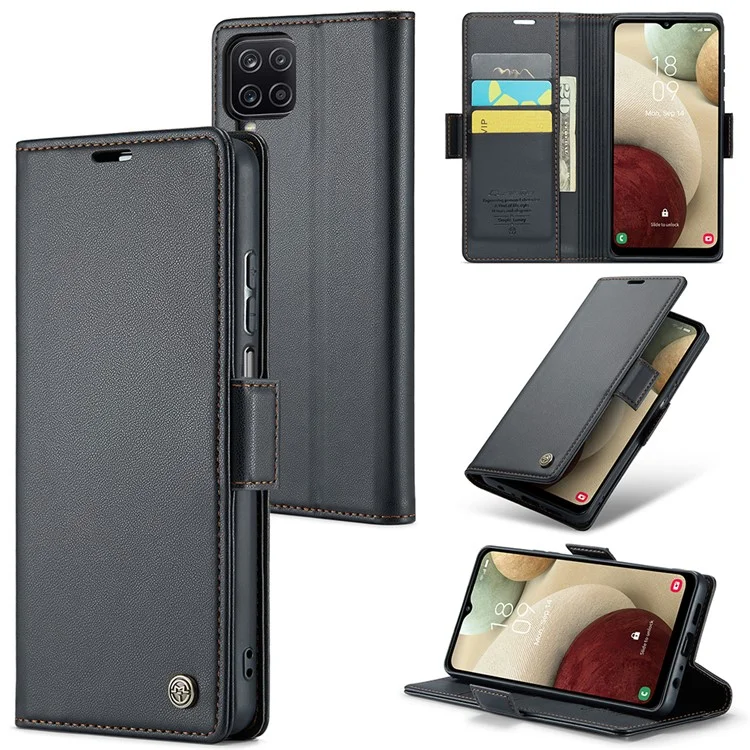 CASEME 023 Serie para Samsung Galaxy A12 RFID Bloqueo de Billetera Funda para Teléfono Funda Lateral con Broche de Cuero de Pie - Negro