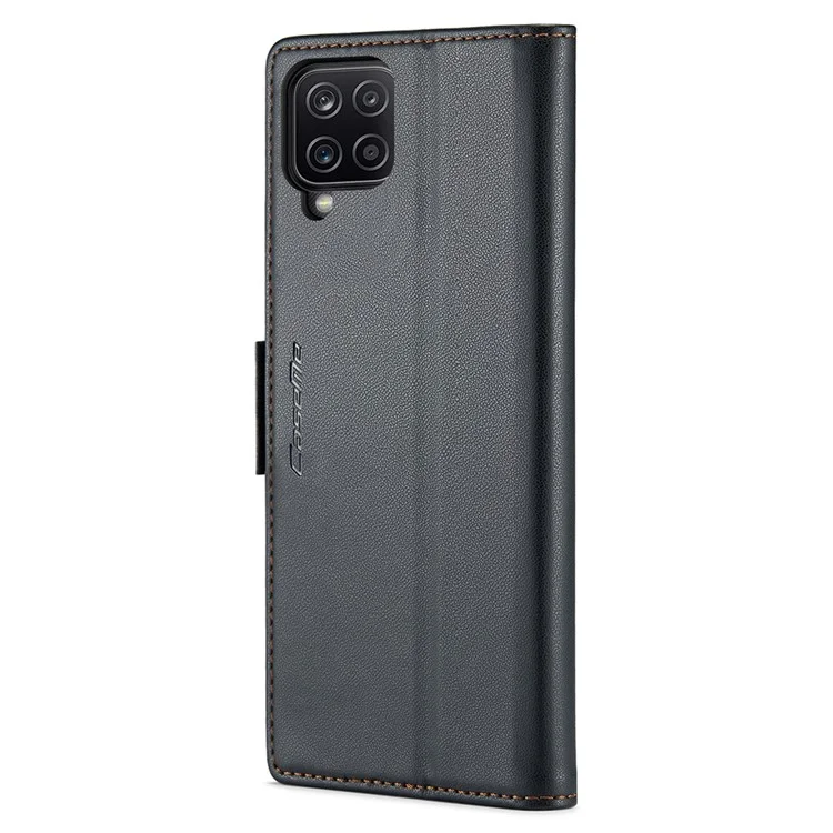 CASEME 023 Serie para Samsung Galaxy A12 RFID Bloqueo de Billetera Funda para Teléfono Funda Lateral con Broche de Cuero de Pie - Negro