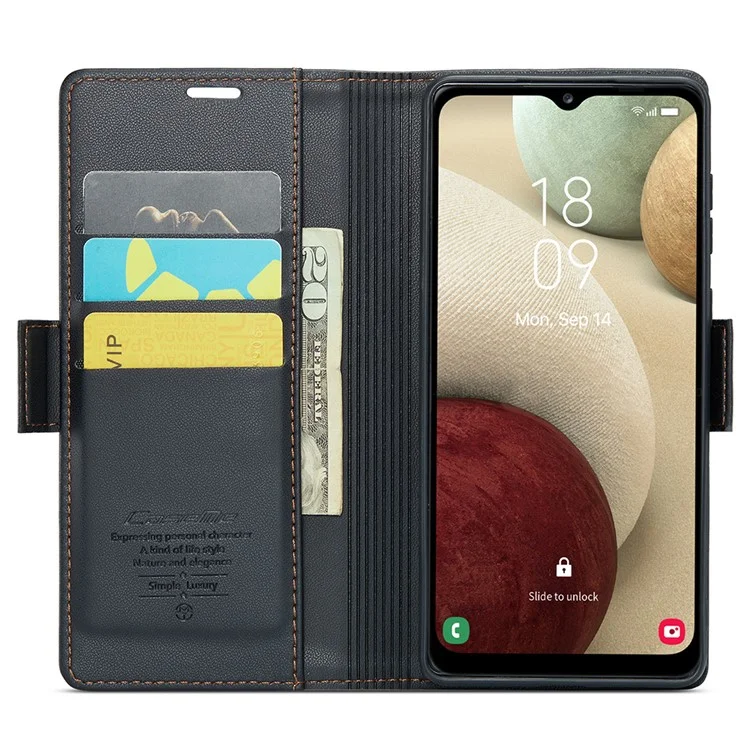 CASEME 023 Serie para Samsung Galaxy A12 RFID Bloqueo de Billetera Funda para Teléfono Funda Lateral con Broche de Cuero de Pie - Negro