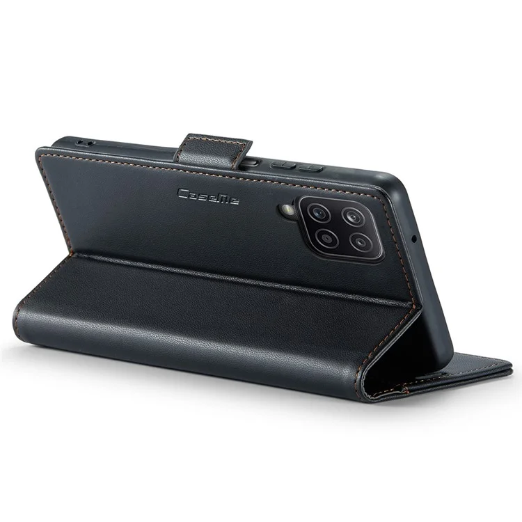 CASEME 023 Serie para Samsung Galaxy A12 RFID Bloqueo de Billetera Funda para Teléfono Funda Lateral con Broche de Cuero de Pie - Negro