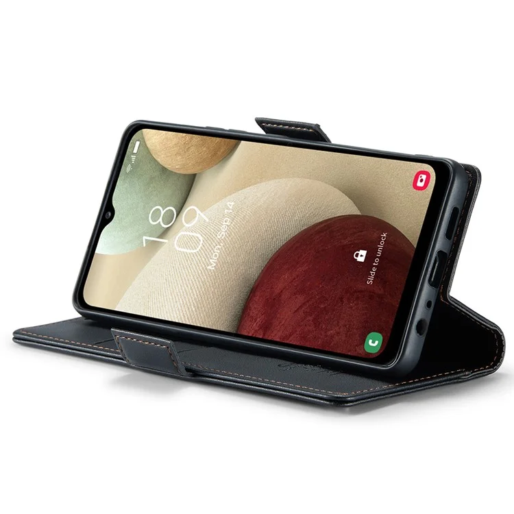 CASEME 023 Serie para Samsung Galaxy A12 RFID Bloqueo de Billetera Funda para Teléfono Funda Lateral con Broche de Cuero de Pie - Negro