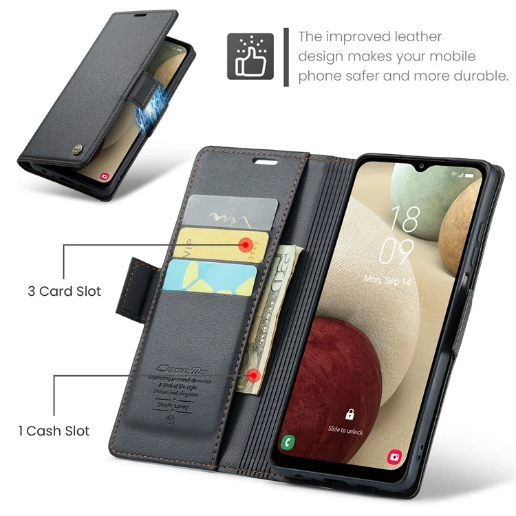 CASEME 023 Serie para Samsung Galaxy A12 RFID Bloqueo de Billetera Funda para Teléfono Funda Lateral con Broche de Cuero de Pie - Negro