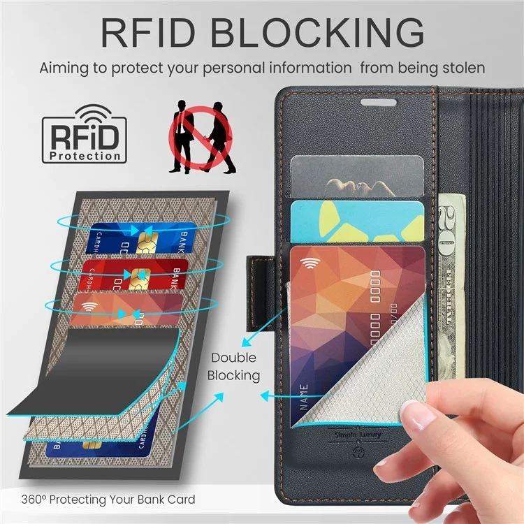 CASEME 023 Serie para Samsung Galaxy A12 RFID Bloqueo de Billetera Funda para Teléfono Funda Lateral con Broche de Cuero de Pie - Negro
