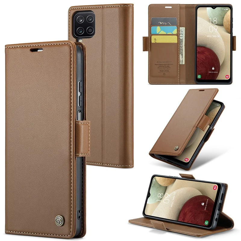 For Samsung Galaxy A12 Leather Case CASEME 023 RFID Blocking 3 Card Slot Mobile Cover - Brown