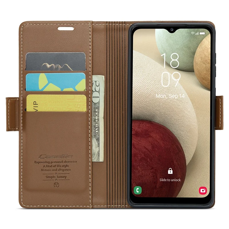 For Samsung Galaxy A12 Leather Case CASEME 023 RFID Blocking 3 Card Slot Mobile Cover - Brown