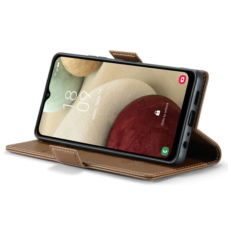 For Samsung Galaxy A12 Leather Case CASEME 023 RFID Blocking 3 Card Slot Mobile Cover - Brown