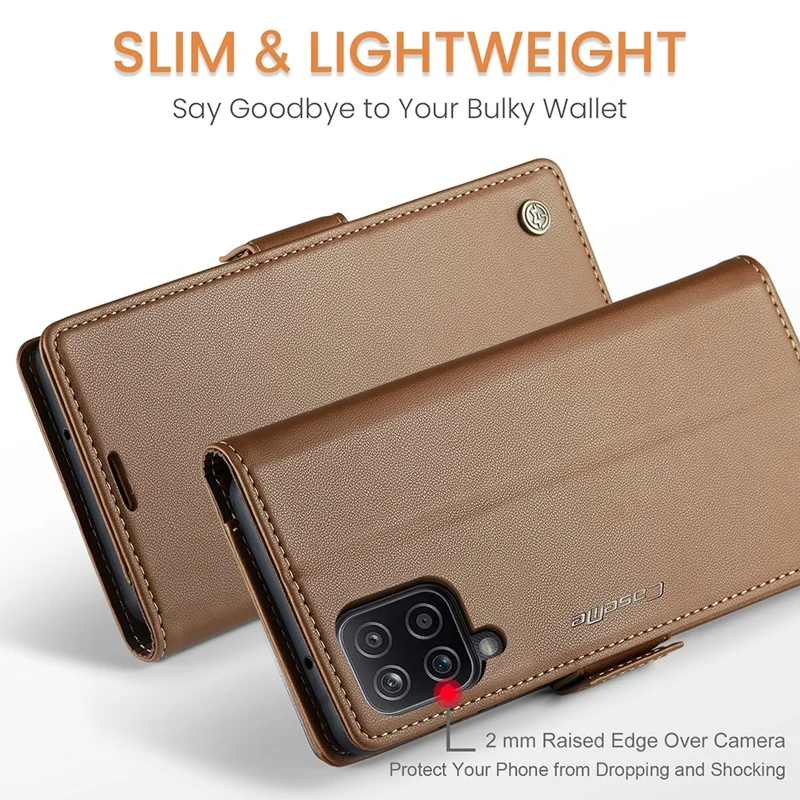 For Samsung Galaxy A12 Leather Case CASEME 023 RFID Blocking 3 Card Slot Mobile Cover - Brown