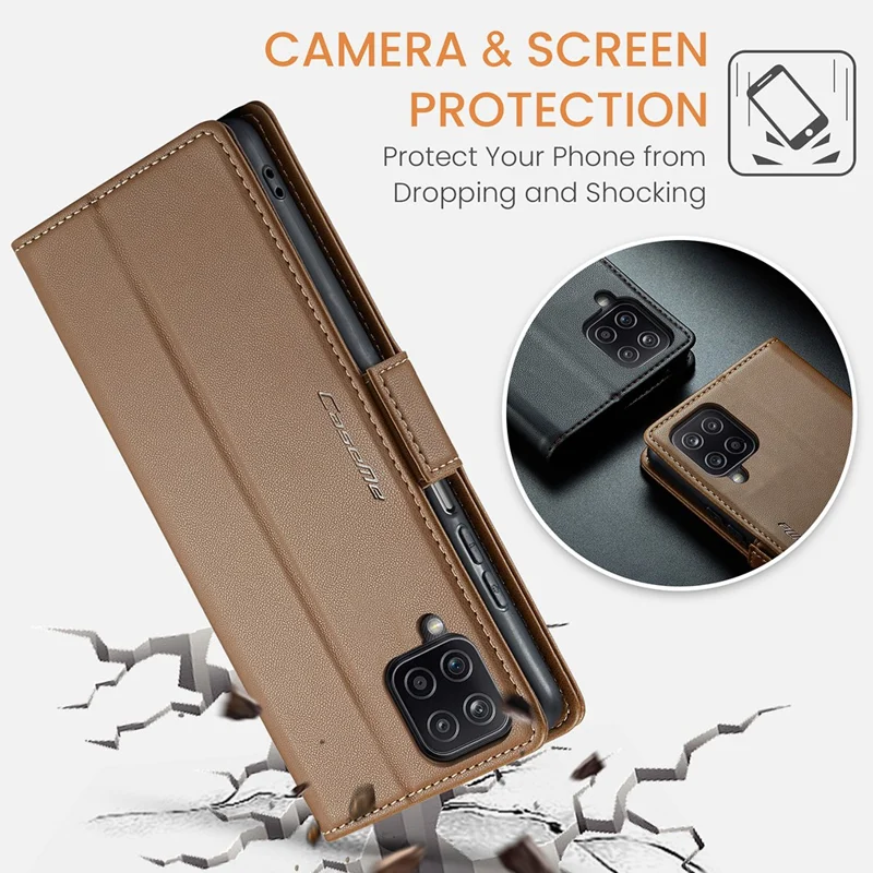 For Samsung Galaxy A12 Leather Case CASEME 023 RFID Blocking 3 Card Slot Mobile Cover - Brown