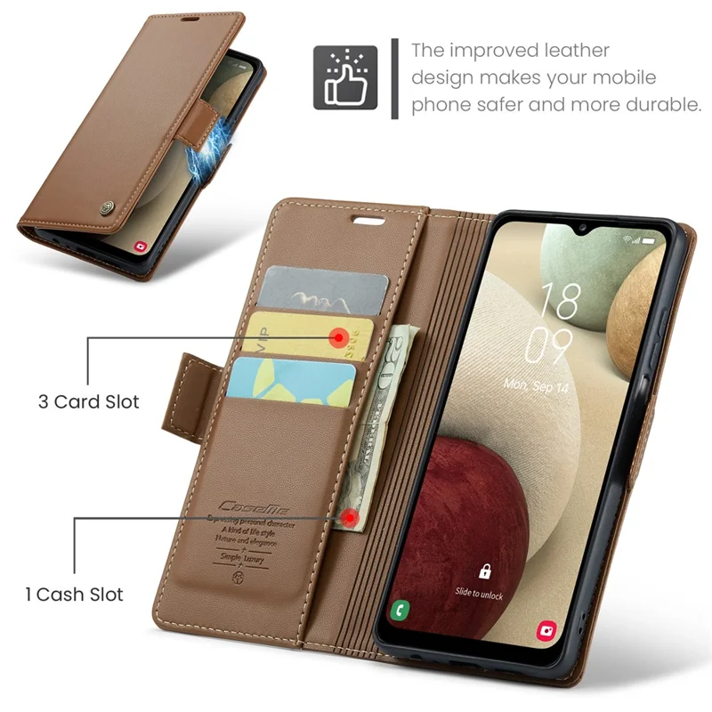 For Samsung Galaxy A12 Leather Case CASEME 023 RFID Blocking 3 Card Slot Mobile Cover - Brown