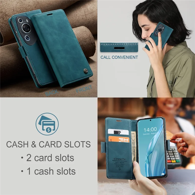 CASEME 013 Série Para Huawei P60 Art PU Leather Stand Wallet Case Shockproof Phone Cover - Azul