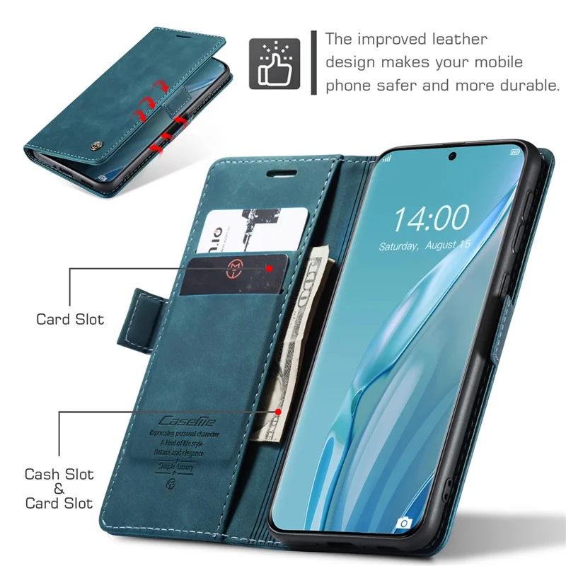 CASEME 013 Série Para Huawei P60 Art PU Leather Stand Wallet Case Shockproof Phone Cover - Azul