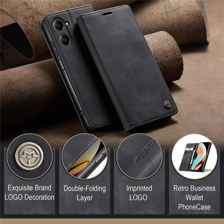 CASEME 013 Серия для Realme 10 Pro 5G Кожаный бумажник Чехол для телефона Flip Stand Drop-proof Cover - Черный