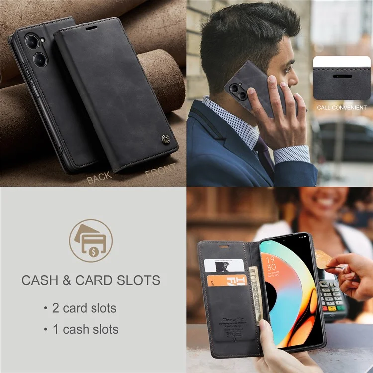 CASEME 013 Серия для Realme 10 Pro 5G Кожаный бумажник Чехол для телефона Flip Stand Drop-proof Cover - Черный