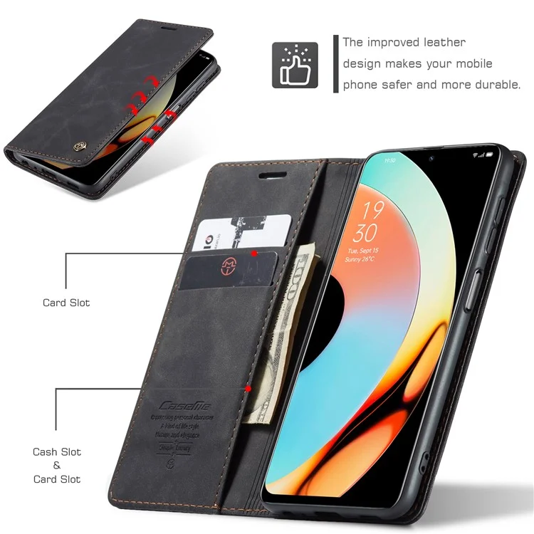 CASEME 013 Серия для Realme 10 Pro 5G Кожаный бумажник Чехол для телефона Flip Stand Drop-proof Cover - Черный