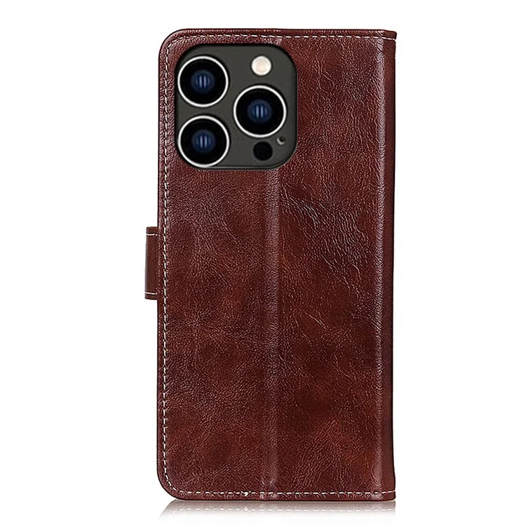Pour iPhone 15 Pro Retro Leather Wallet Stand Case Crazy Horse Texture Smartphone Cover - Marron