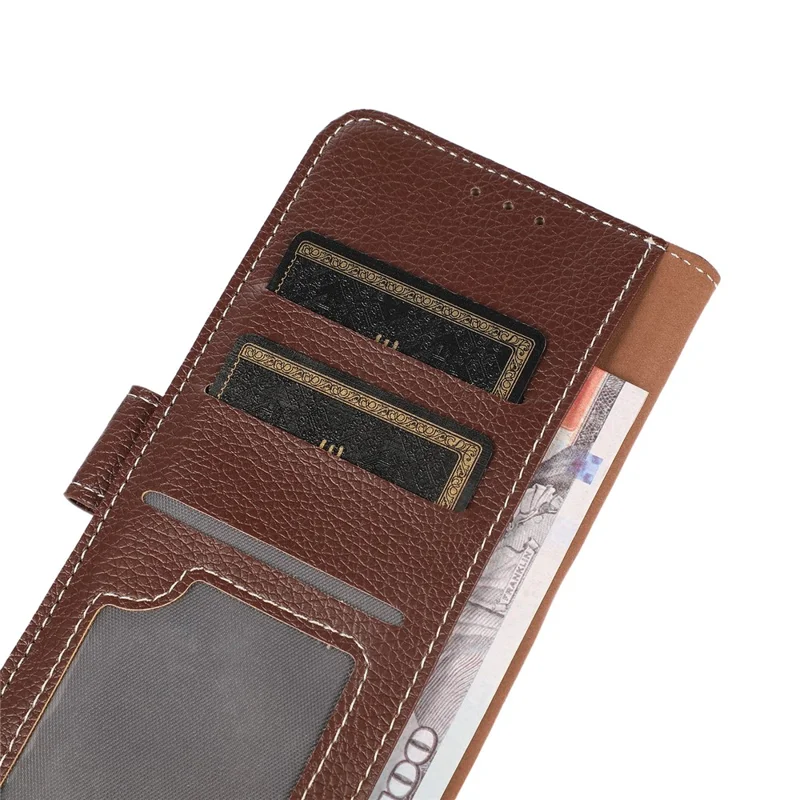For iPhone 15 Pro PU Leather Wallet Case Litchi Texture Foldable Stand Phone Cover - Brown