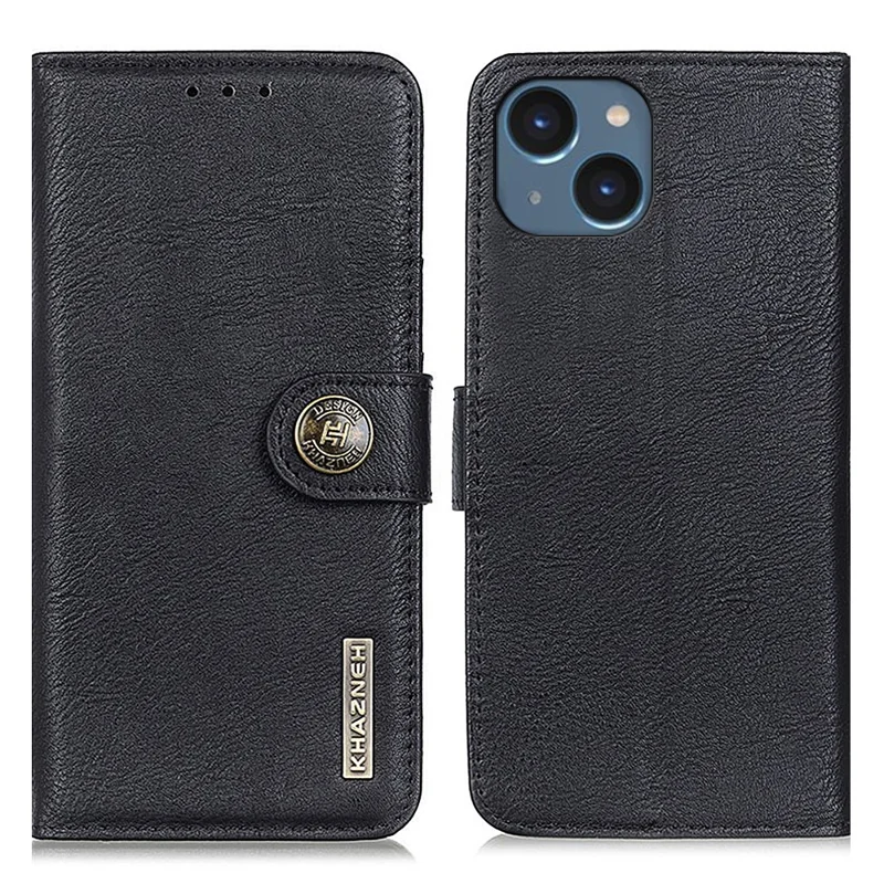 KHAZNEH For iPhone 15 Cowhide Texture Leather Stand Phone Case Drop-proof Wallet Shell - Black